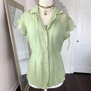 Metro Wear Pastel Mint Green 100% Silk Romantic Frilly Babydoll Button Up M